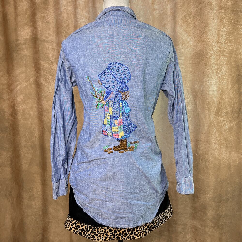 Vintage 70s Holly Hobbie Embroidered Shirt Denim Button Up Blue Cottagecore Folk